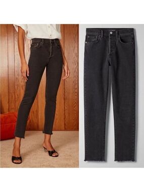 Aritzia Denim Forum The Yoko High Rise Slim Faded Black Raw Hem Size 26